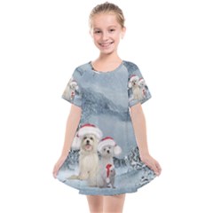 Christmas, Cute Dogs And Squirrel With Christmas Hat Kids  Smock Dress by FantasyWorld7