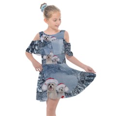 Christmas, Cute Dogs And Squirrel With Christmas Hat Kids  Shoulder Cutout Chiffon Dress by FantasyWorld7