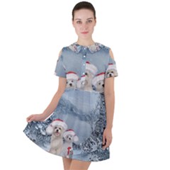 Christmas, Cute Dogs And Squirrel With Christmas Hat Short Sleeve Shoulder Cut Out Dress  by FantasyWorld7