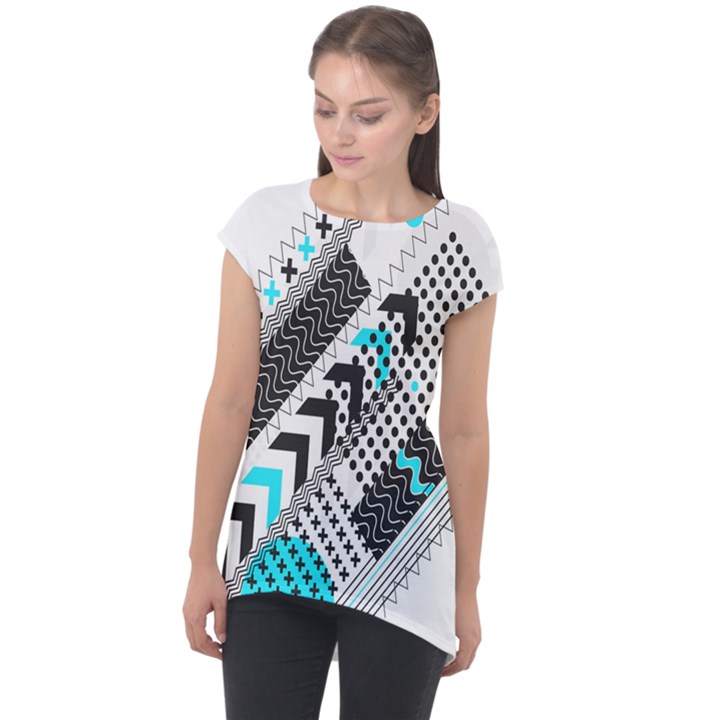 Green Geometric Abstract Cap Sleeve High Low Top