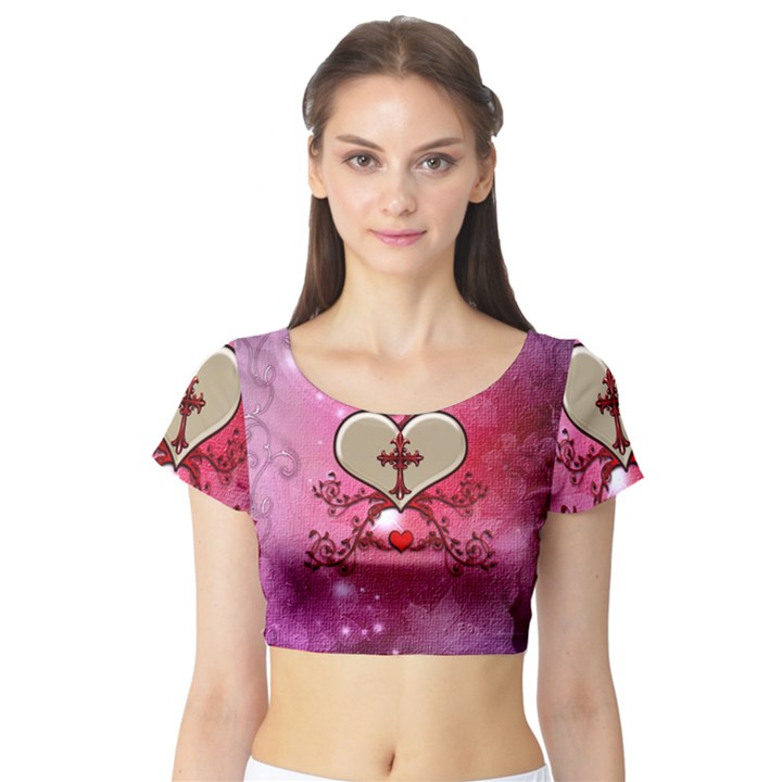 Wonderful Hearts With Floral Elements Short Sleeve Crop Top