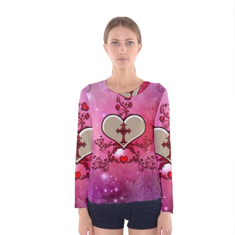 Wonderful Hearts With Floral Elements Women s Long Sleeve Tee by FantasyWorld7