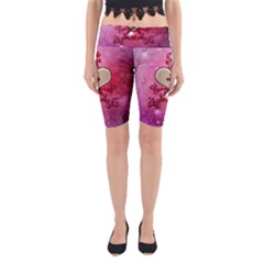 Wonderful Hearts With Floral Elements Yoga Cropped Leggings by FantasyWorld7