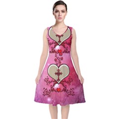 Wonderful Hearts With Floral Elements V-neck Midi Sleeveless Dress  by FantasyWorld7