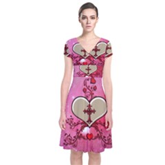 Wonderful Hearts With Floral Elements Short Sleeve Front Wrap Dress by FantasyWorld7