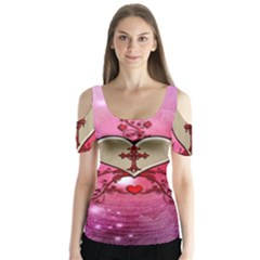 Wonderful Hearts With Floral Elements Butterfly Sleeve Cutout Tee 