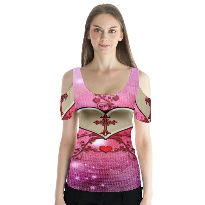 Wonderful Hearts With Floral Elements Butterfly Sleeve Cutout Tee 