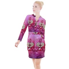 Wonderful Hearts With Floral Elements Button Long Sleeve Dress by FantasyWorld7