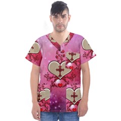 Wonderful Hearts With Floral Elements Men s V-neck Scrub Top