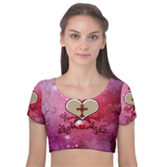 Wonderful Hearts With Floral Elements Velvet Short Sleeve Crop Top  by FantasyWorld7