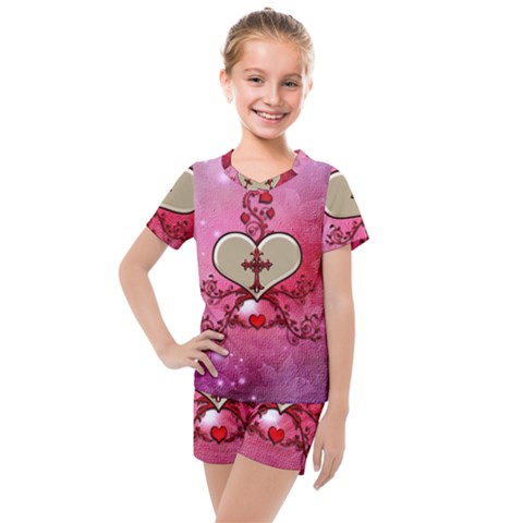 Wonderful Hearts With Floral Elements Kids  Mesh Tee And Shorts Set by FantasyWorld7