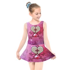 Wonderful Hearts With Floral Elements Kids  Skater Dress Swimsuit by FantasyWorld7