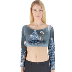 Christmas, Cute Giraffe With Bird Long Sleeve Crop Top by FantasyWorld7