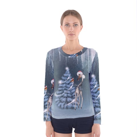 Christmas, Cute Giraffe With Bird Women s Long Sleeve Tee by FantasyWorld7