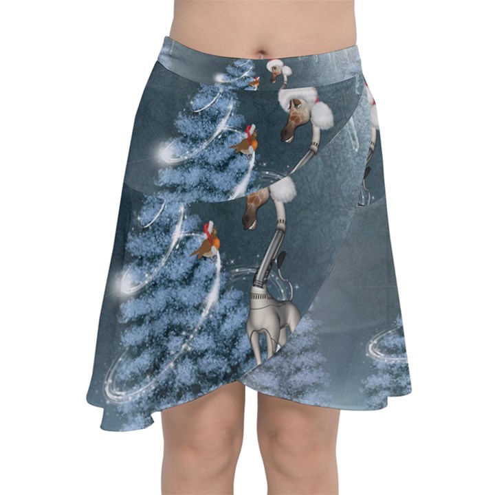 Christmas, Cute Giraffe With Bird Chiffon Wrap Front Skirt