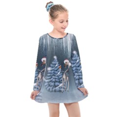 Christmas, Cute Giraffe With Bird Kids  Long Sleeve Dress by FantasyWorld7