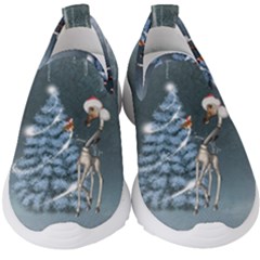 Christmas, Cute Giraffe With Bird Kids  Slip On Sneakers by FantasyWorld7