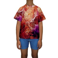 Flower Power, Colorful Floral Design Kids  Short Sleeve Swimwear by FantasyWorld7