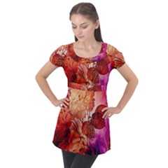 Flower Power, Colorful Floral Design Puff Sleeve Tunic Top by FantasyWorld7