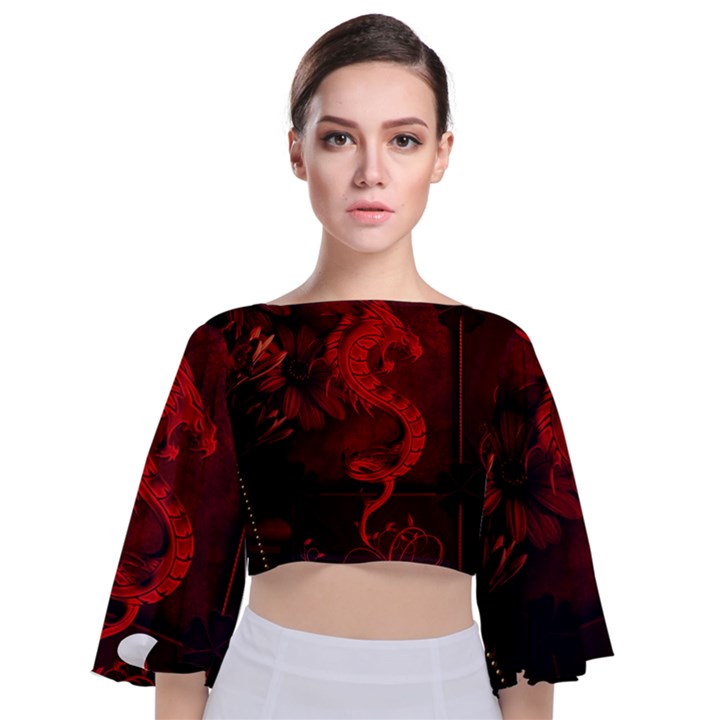 Wonderful Red Chinese Dragon Tie Back Butterfly Sleeve Chiffon Top