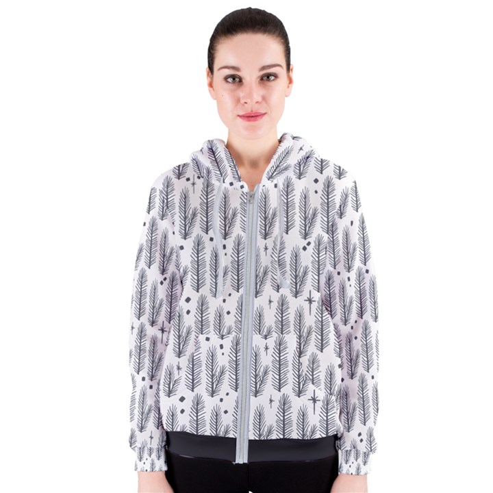 Christmas Pine Pattern Organic hand drawn Modern black and white Women s Zipper Hoodie