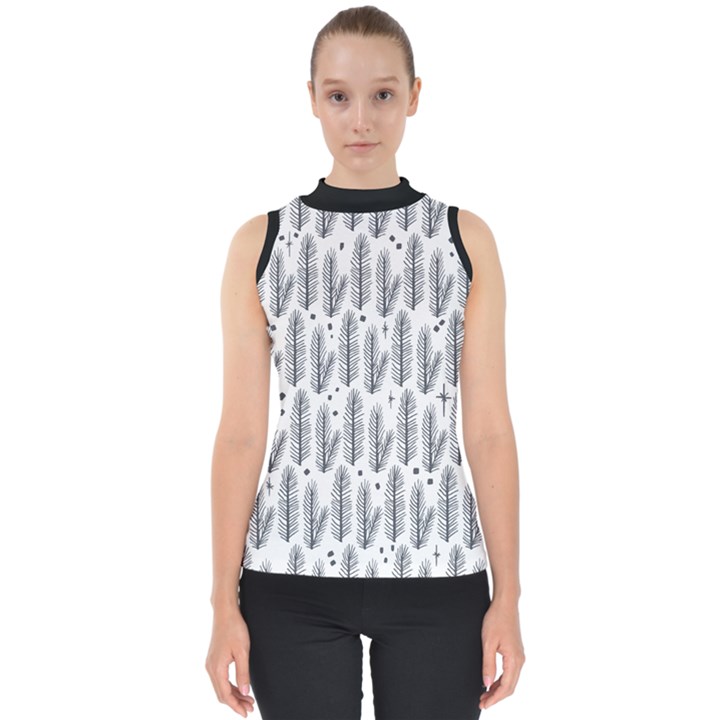 Christmas Pine Pattern Organic hand drawn Modern black and white Mock Neck Shell Top