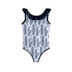 Christmas Pine Pattern Organic hand drawn Modern black and white Kids  Frill Swimsuit