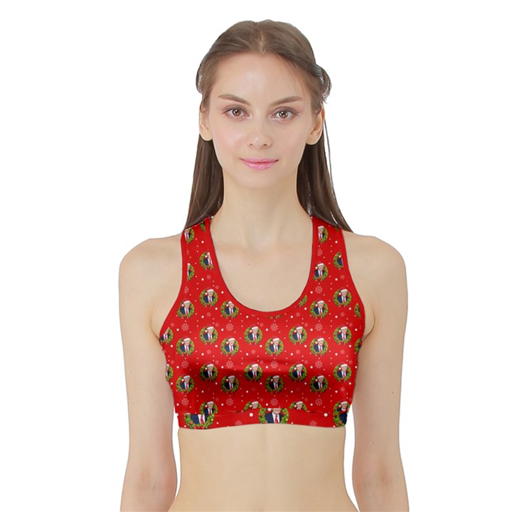 Trump Wrait Pattern Make Christmas Great Again MAGA Funny Red Gift with Snowflakes and Trump Face smiling Sports Bra with Border