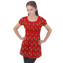 Trump Wrait Pattern Make Christmas Great Again Maga Funny Red Gift With Snowflakes And Trump Face Smiling Puff Sleeve Tunic Top by snek