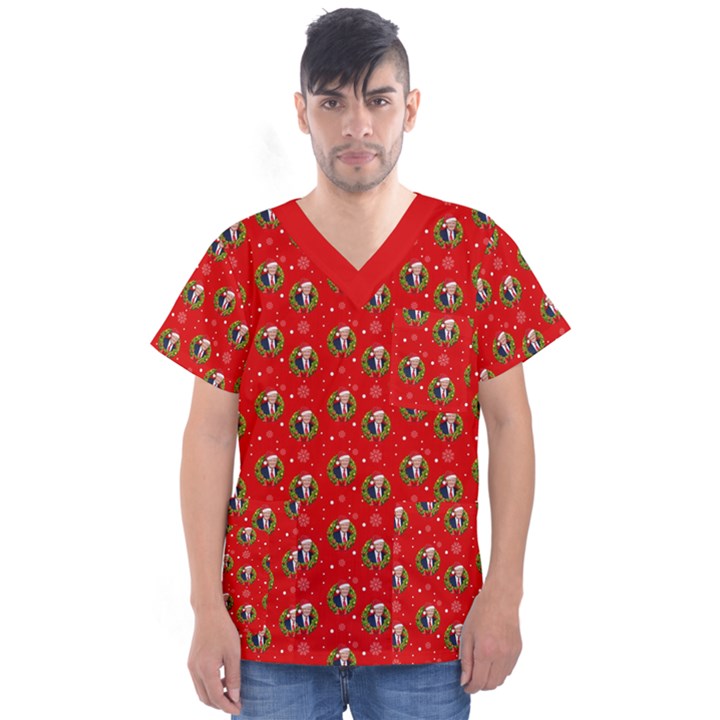 Trump Wrait Pattern Make Christmas Great Again MAGA Funny Red Gift with Snowflakes and Trump Face smiling Men s V-Neck Scrub Top