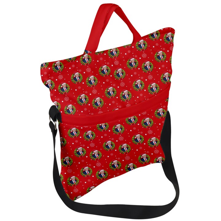 Trump Wrait Pattern Make Christmas Great Again MAGA Funny Red Gift with Snowflakes and Trump Face smiling Fold Over Handle Tote Bag