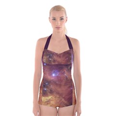 Cosmic Astronomy Sky With Stars Orange Brown And Yellow Boyleg Halter Swimsuit 