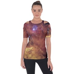 Cosmic Astronomy Sky With Stars Orange Brown And Yellow Shoulder Cut Out Short Sleeve Top