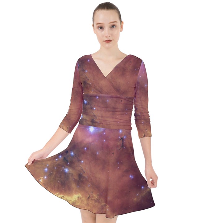 Cosmic Astronomy sky with stars orange brown and yellow Quarter Sleeve Front Wrap Dress