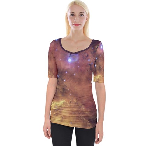 Cosmic Astronomy Sky With Stars Orange Brown And Yellow Wide Neckline Tee by genx