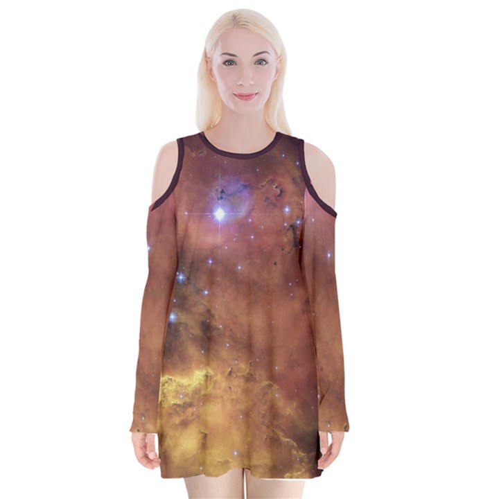 Cosmic Astronomy sky with stars orange brown and yellow Velvet Long Sleeve Shoulder Cutout Dress