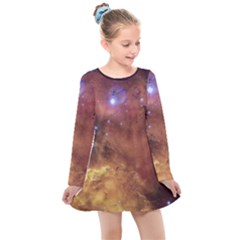 Cosmic Astronomy Sky With Stars Orange Brown And Yellow Kids  Long Sleeve Dress