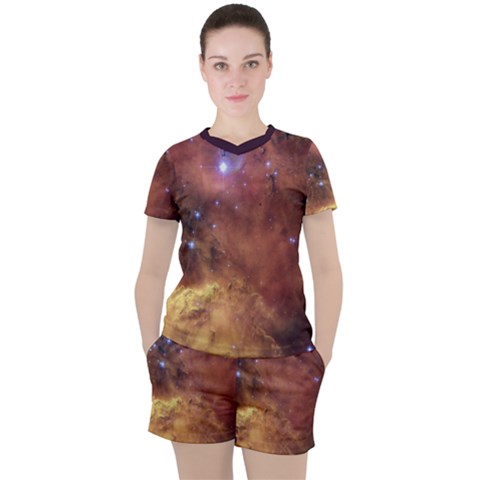 Cosmic Astronomy Sky With Stars Orange Brown And Yellow Women s Mesh Tee And Shorts Set by genx