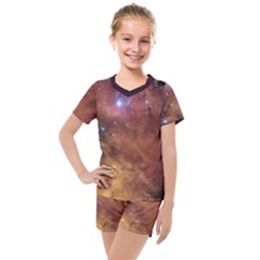 Cosmic Astronomy Sky With Stars Orange Brown And Yellow Kids  Mesh Tee And Shorts Set