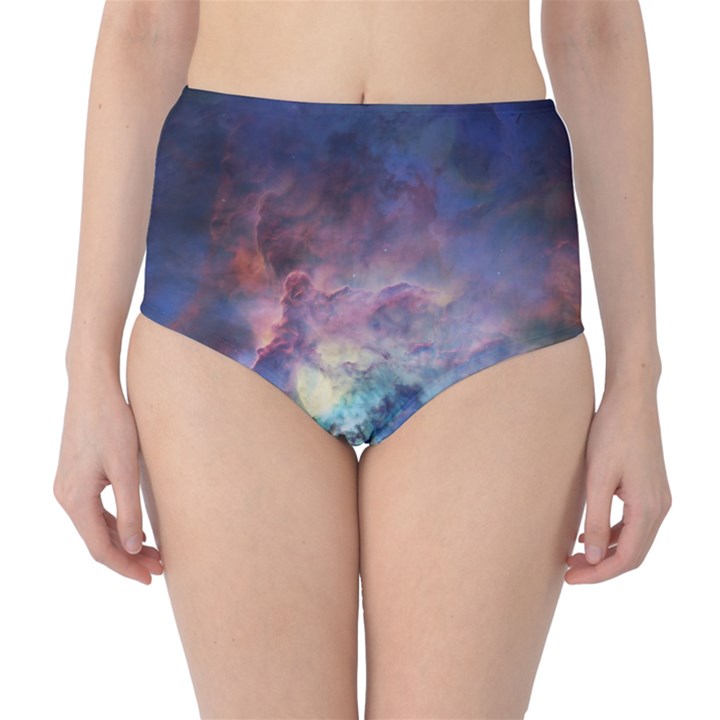 Lagoon Nebula Interstellar Cloud Pastel pink, turquoise and yellow stars Classic High-Waist Bikini Bottoms