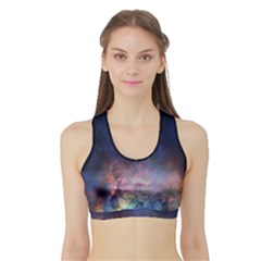 Lagoon Nebula Interstellar Cloud Pastel Pink, Turquoise And Yellow Stars Sports Bra With Border