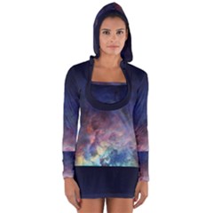 Lagoon Nebula Interstellar Cloud Pastel Pink, Turquoise And Yellow Stars Long Sleeve Hooded T-shirt