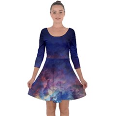 Lagoon Nebula Interstellar Cloud Pastel Pink, Turquoise And Yellow Stars Quarter Sleeve Skater Dress