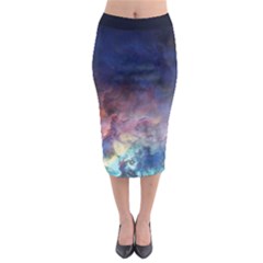 Lagoon Nebula Interstellar Cloud Pastel Pink, Turquoise And Yellow Stars Midi Pencil Skirt