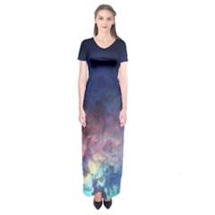 Lagoon Nebula Interstellar Cloud Pastel Pink, Turquoise And Yellow Stars Short Sleeve Maxi Dress