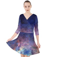 Lagoon Nebula Interstellar Cloud Pastel Pink, Turquoise And Yellow Stars Quarter Sleeve Front Wrap Dress