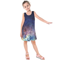 Lagoon Nebula Interstellar Cloud Pastel Pink, Turquoise And Yellow Stars Kids  Sleeveless Dress