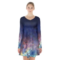 Lagoon Nebula Interstellar Cloud Pastel Pink, Turquoise And Yellow Stars Long Sleeve Velvet V-neck Dress by genx