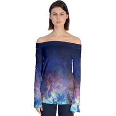 Lagoon Nebula Interstellar Cloud Pastel Pink, Turquoise And Yellow Stars Off Shoulder Long Sleeve Top