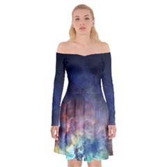 Lagoon Nebula Interstellar Cloud Pastel Pink, Turquoise And Yellow Stars Off Shoulder Skater Dress